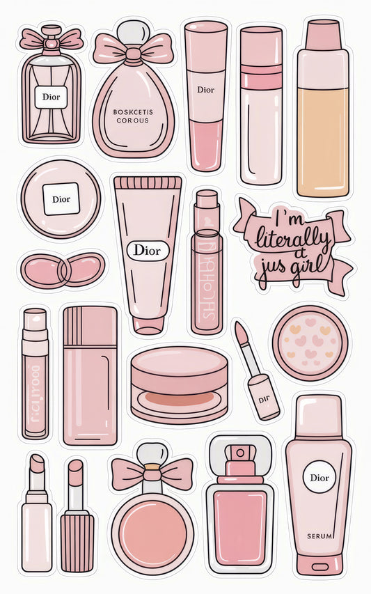 Dior Inspired Pink Beauty Products Sticker Set, Makeup and Skincare Theme, Elegant Feminine Decals for Journals and Laptops