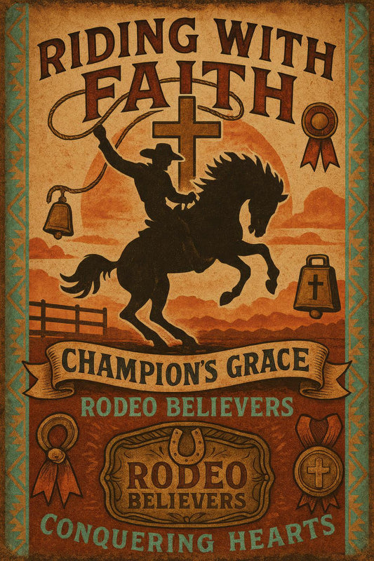 Vintage Rodeo Poster, Western Horse Riding Art, Champion's Grace, Faith Inspired Wall Decor, Rustic Home Decoration, Cowboy Print