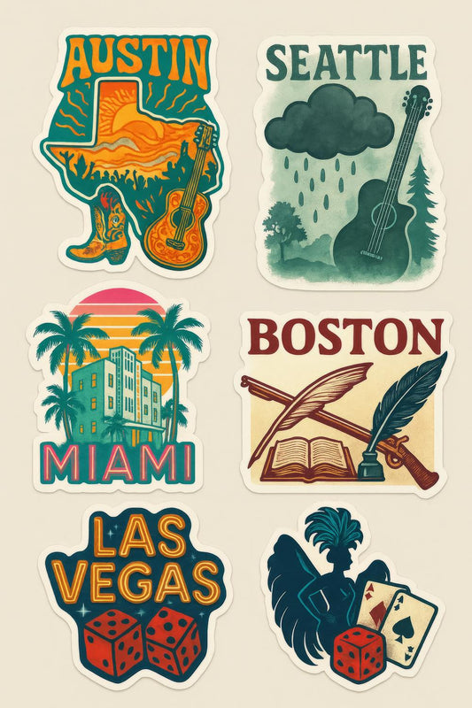 Vintage Travel Sticker Pack, Austin, Seattle, Miami, Boston, Las Vegas, Unique City Decals