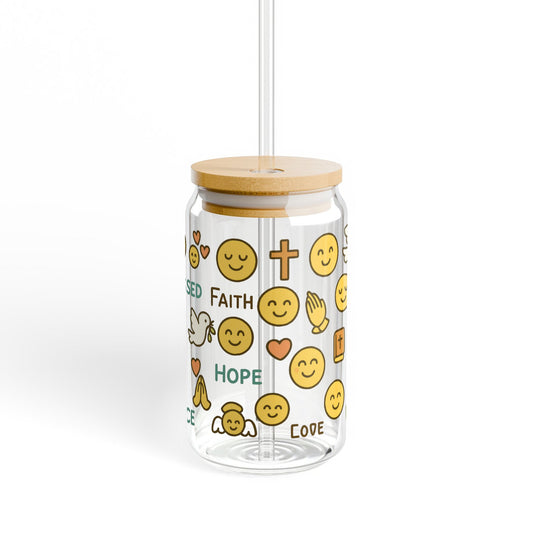 Christian Emoji Theme Glass Jar with Bamboo Lid, Faith Hope Love Symbols Storage Container, Unique Spiritual Gift