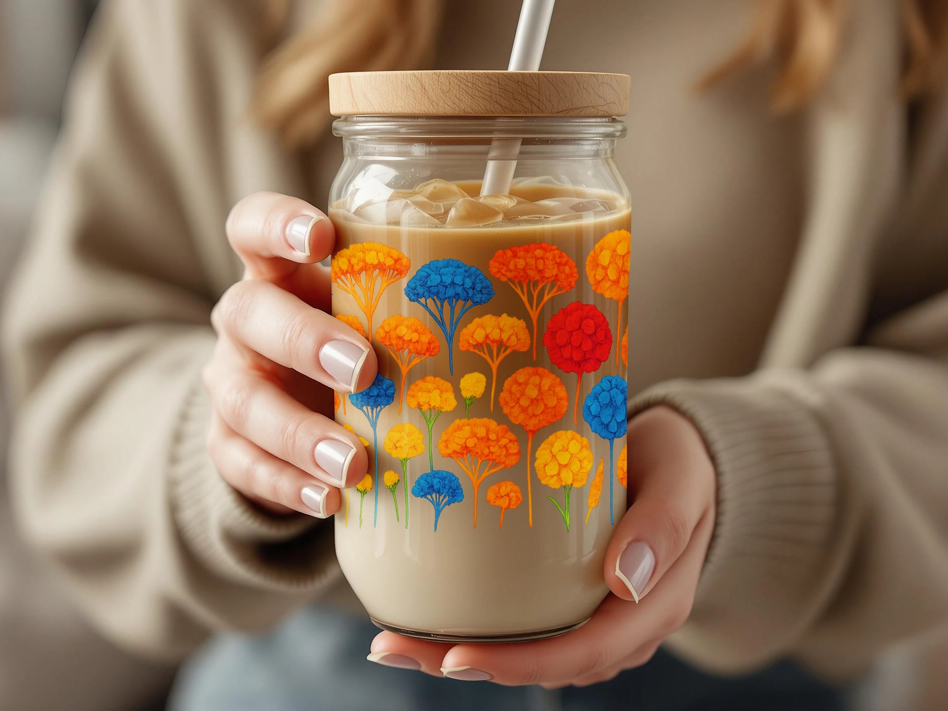 Colorful Autumn Trees Glass Jar, Reusable Coffee Cup with Lid, Eco-Friendly Travel Mug