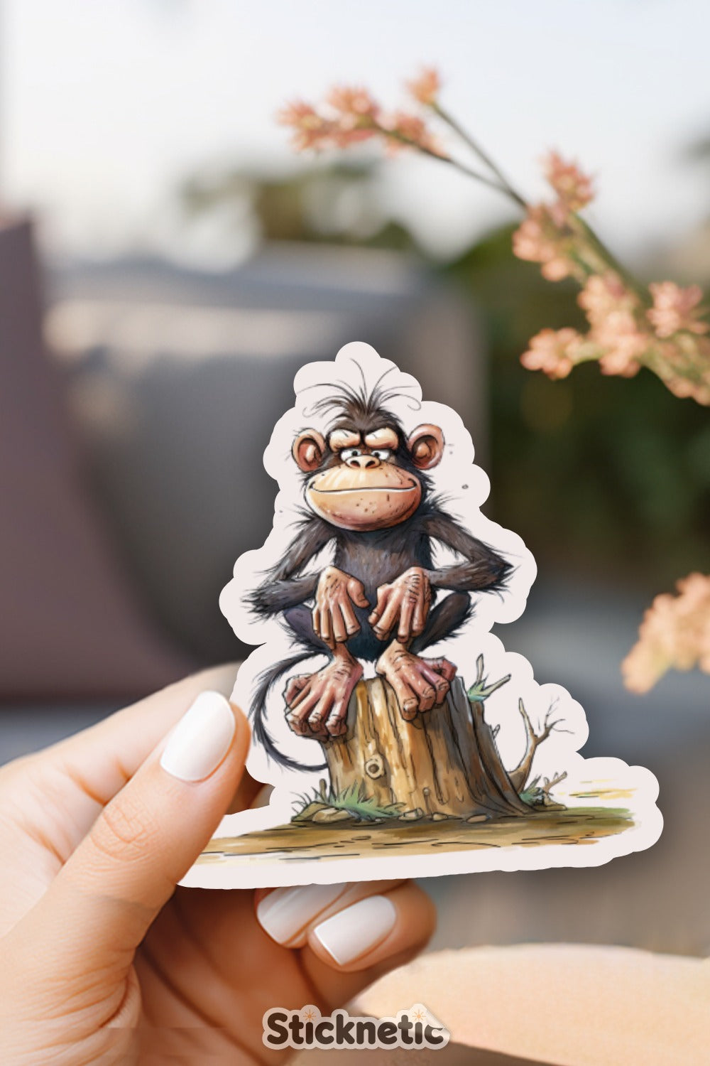 Cartoon Monkey Sitting on Tree Stump Sticker product