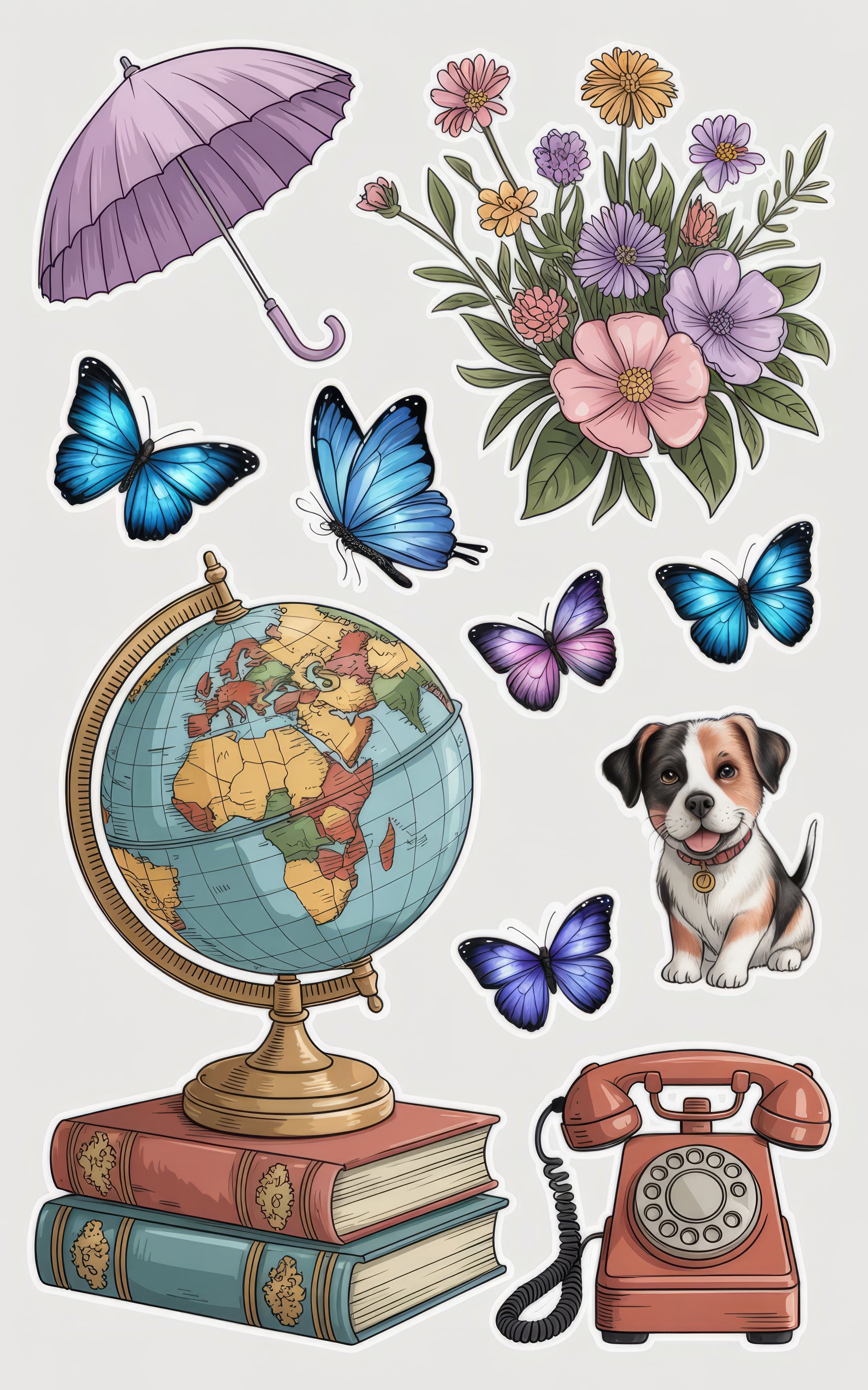 Vintage Style Wall Art, Globe, Floral Prints, Butterflies, Old Phone, Books, Puppy Illustration