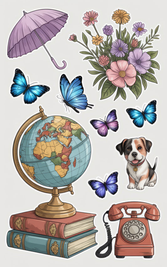 Vintage Style Wall Art, Globe, Floral Prints, Butterflies, Old Phone, Books, Puppy Illustration