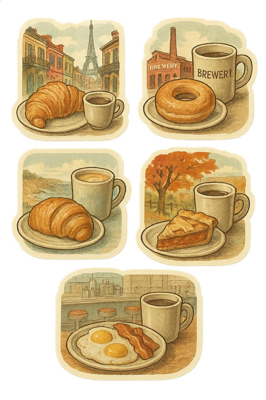 Vintage Style Breakfast Art Prints, Paris Scenery, Croissant, Coffee, Brewery Illustrations Set of 4
