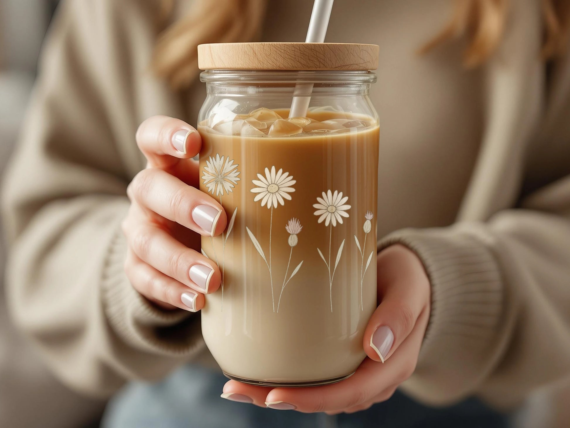 Daisy Glass Coffee Mug with Straw, Insulated Cold Drink Tumbler, Handpainted Floral Design, Unique Gift Idea