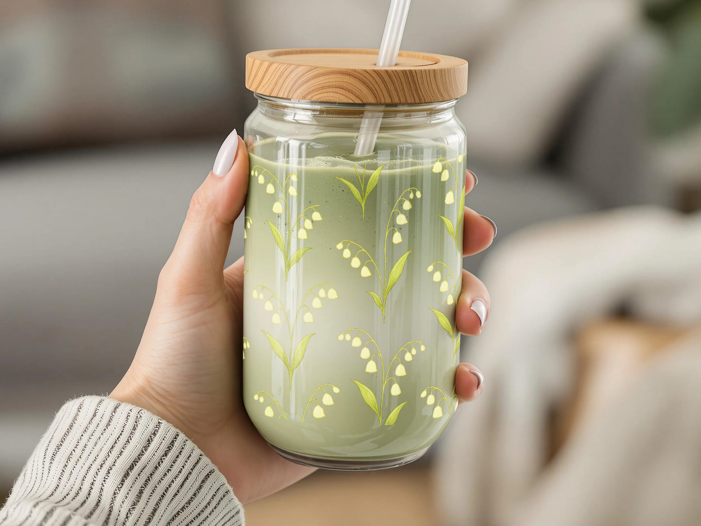 Hand-Painted Glass Mason Jar with Bamboo Lid, Floral Design, Green and Yellow Eco-Friendly Reusable Drinkware