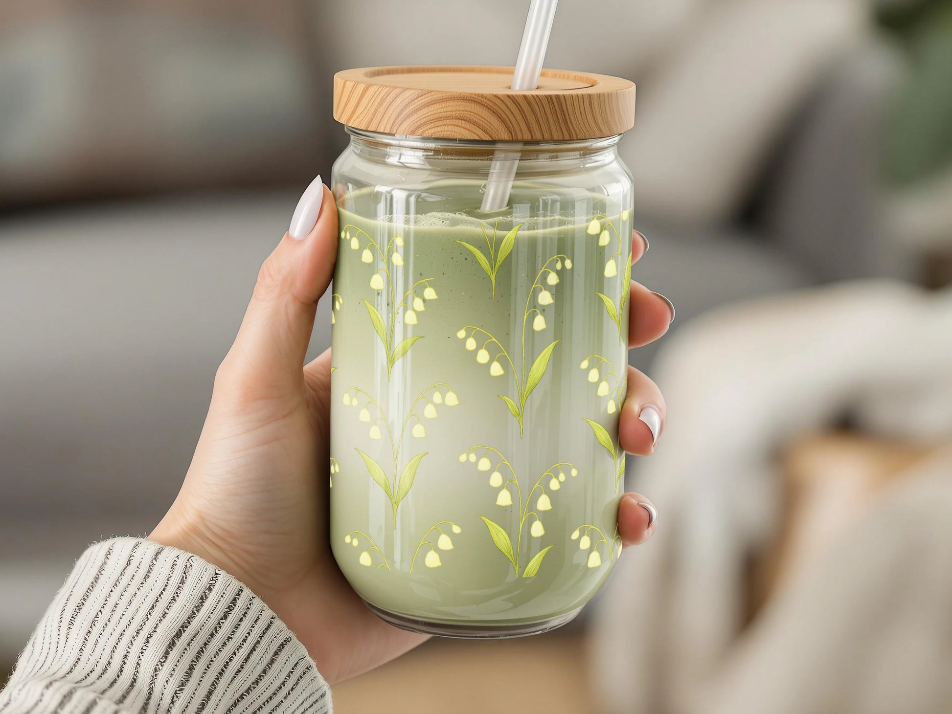 Hand-Painted Glass Mason Jar with Bamboo Lid, Floral Design, Green and Yellow Eco-Friendly Reusable Drinkware
