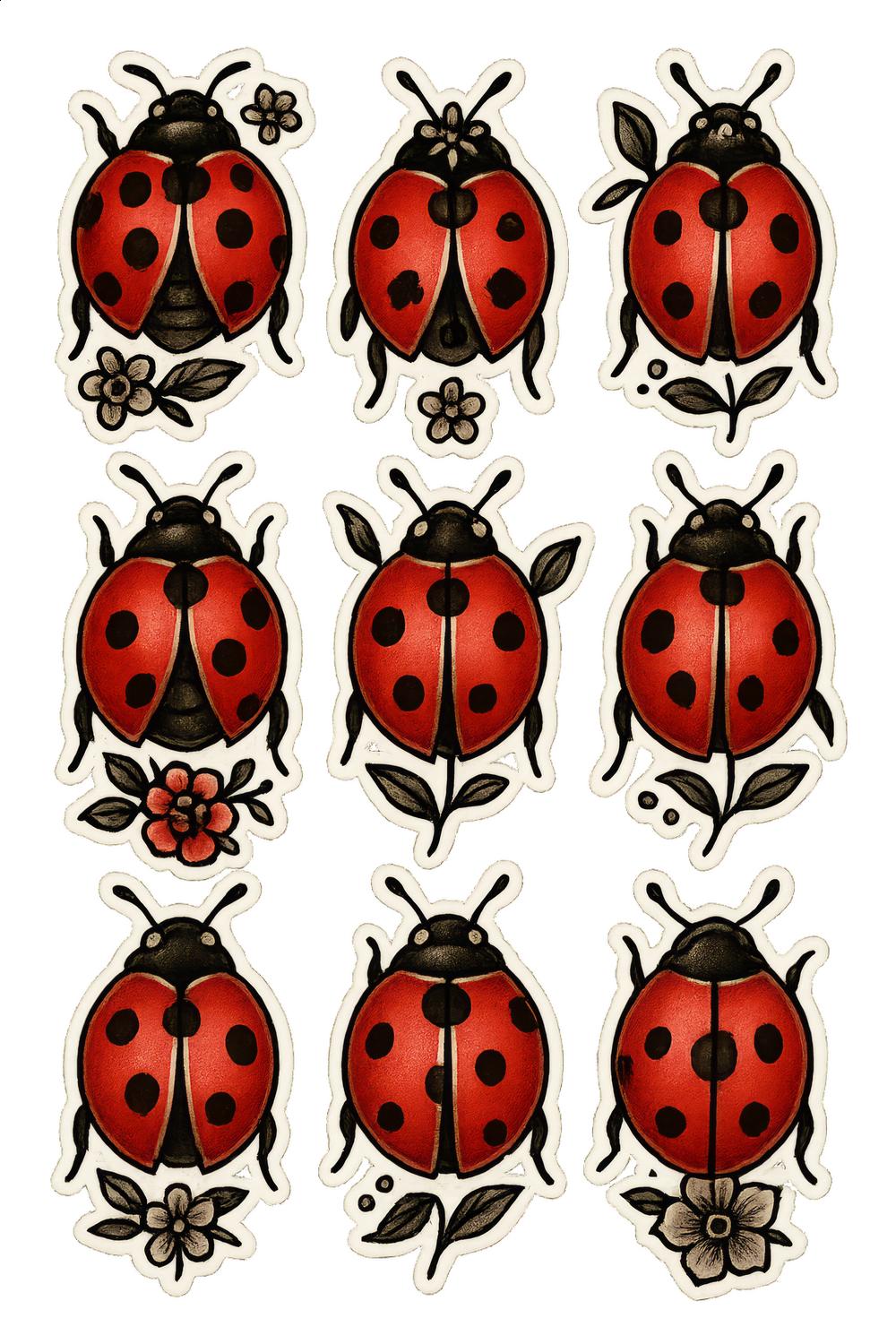 Ladybug Stickers Set, Cute Red and Black Insect Decals, Waterproof Vinyl, Flower and Bee Designs for Scrapbooking and Crafts