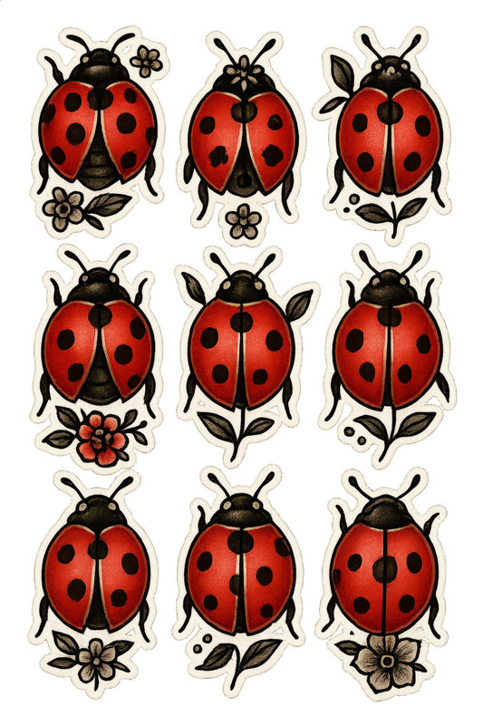 Ladybug Stickers Set, Cute Red and Black Insect Decals, Waterproof Vinyl, Flower and Bee Designs for Scrapbooking and Crafts
