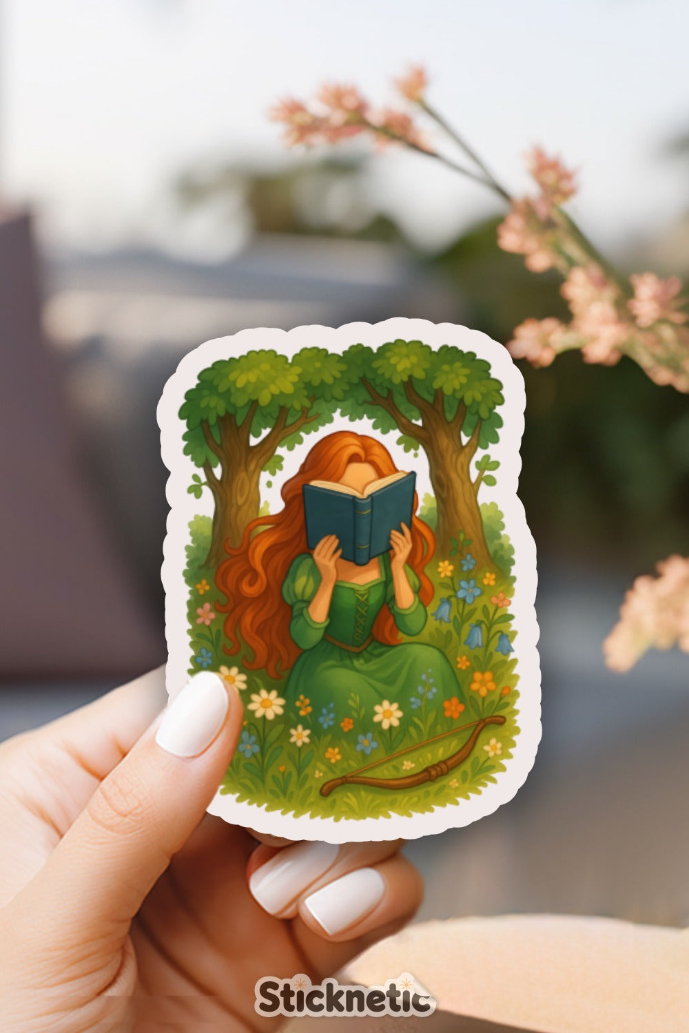 Girl Reading Book Under Tree Die-Cut Sticker, Nature Scenery, Floral Aesthetic, Durable Vinyl, Laptop Decal, Scrapbooking Essential