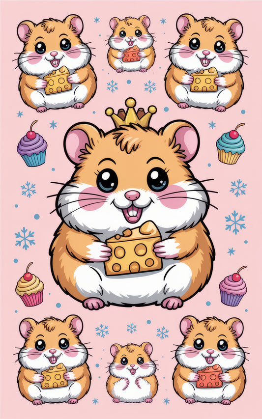 Cute Cartoon Hamster King Print, Adorable Rodent with Cheese and Cupcakes, Kid's Room Wall Art, Animal Nursery Decor, Gift Idea for Pet