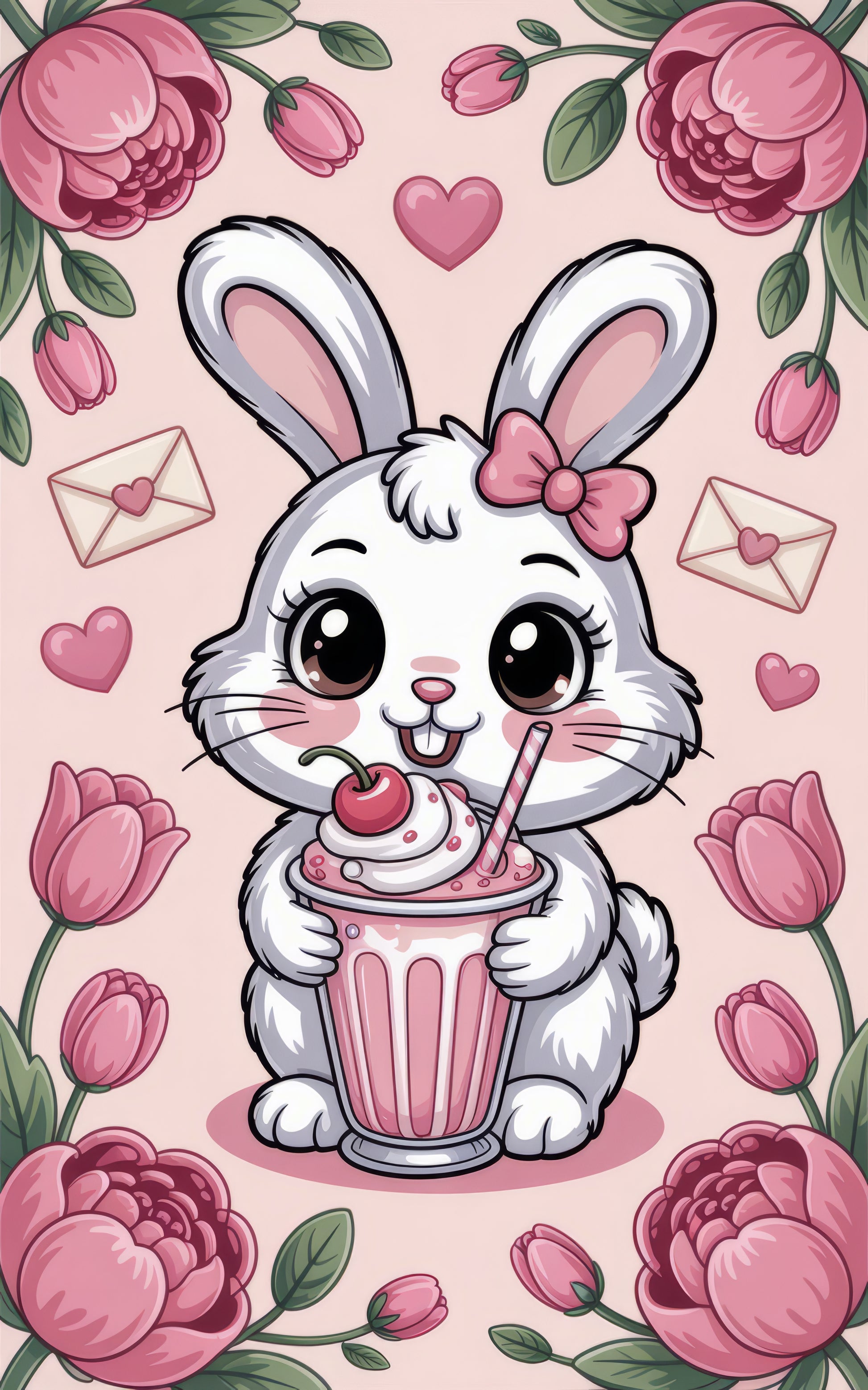 Cute Bunny with Milkshake Print, Rabbit Illustration, Pink Floral Background, Animal Art for Nursery Decor