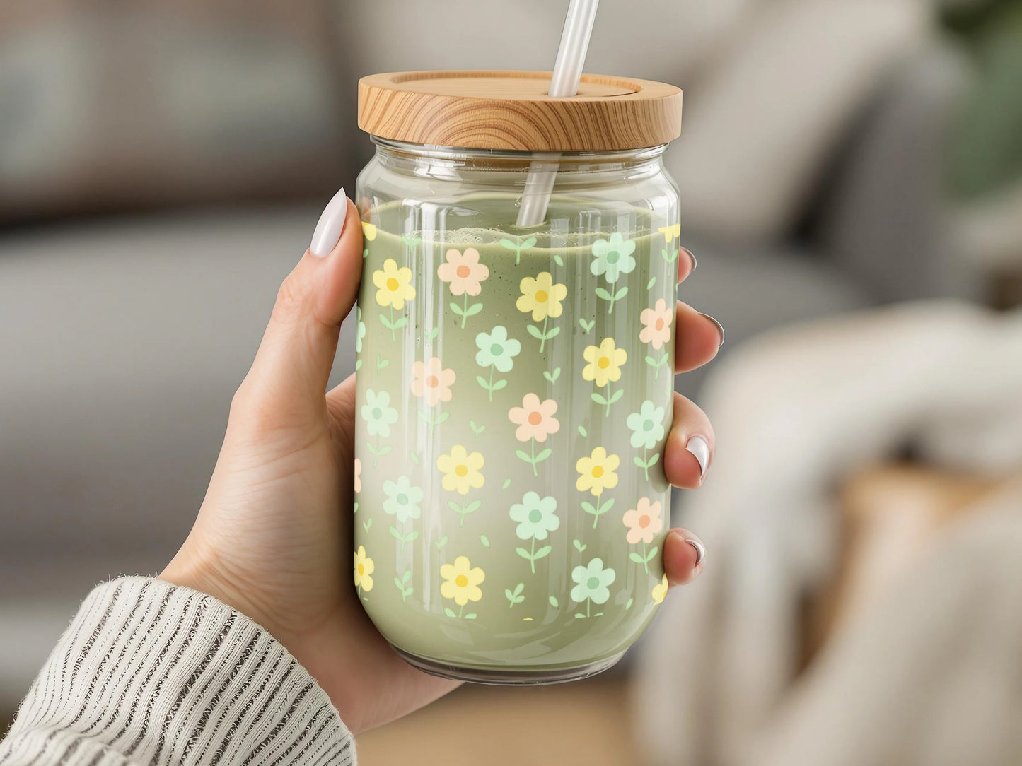 Floral Pattern Glass Jar with Bamboo Lid, Colorful Daisy Design, Reusable Smoothie Cup, Eco-friendly Drinkware, Unique Gift Idea