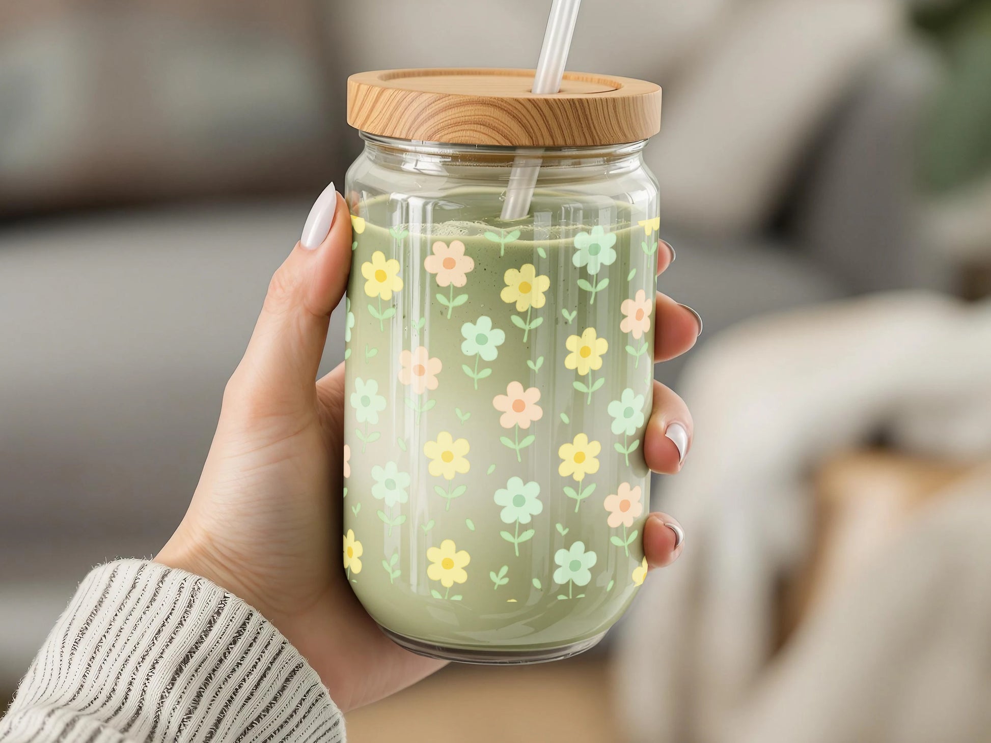 Floral Pattern Glass Jar with Bamboo Lid, Colorful Daisy Design, Reusable Smoothie Cup, Eco-friendly Drinkware, Unique Gift Idea
