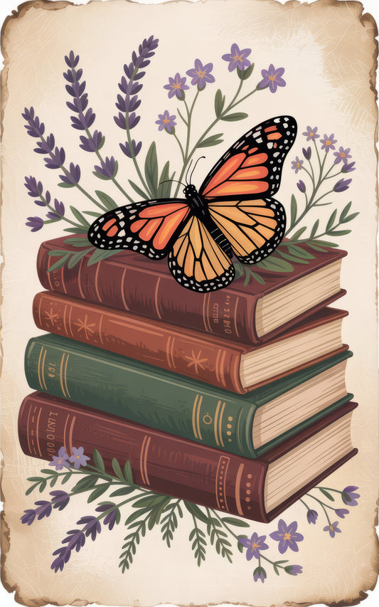 Vintage Butterfly on Stacked Books Art Print, Floral Botanical Illustration, Home Library Wall Decor