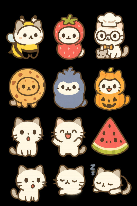 Cute Animal Stickers Set, Kawaii Cat, Panda, Lion, Fox, Adorable Watermelon and Tomato Stickers for Kids and Planners