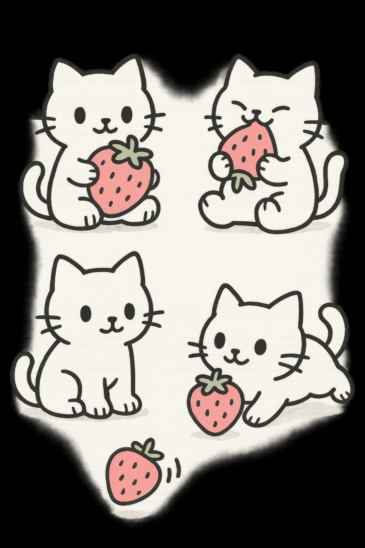 Cute Cat Stickers, Playful Kittens with Strawberries, White Cat Decals, Kawaii Cat Stationery Set for Scrapbooking and Crafts