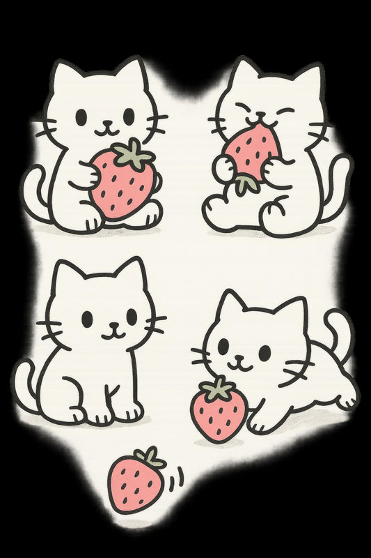 Cute Cat Stickers, Playful Kittens with Strawberries, White Cat Decals, Kawaii Cat Stationery Set for Scrapbooking and Crafts