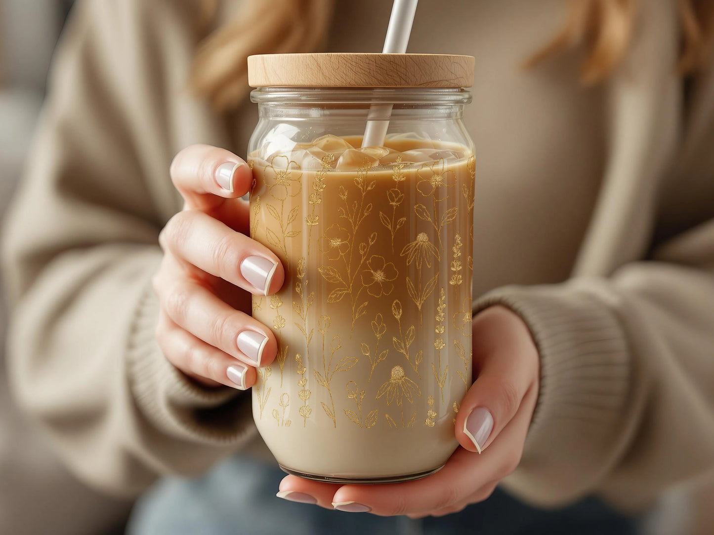 Reusable Glass Coffee Cup with Straw, Floral Print Insulated Travel Tumbler, Eco-Friendly Drinkware