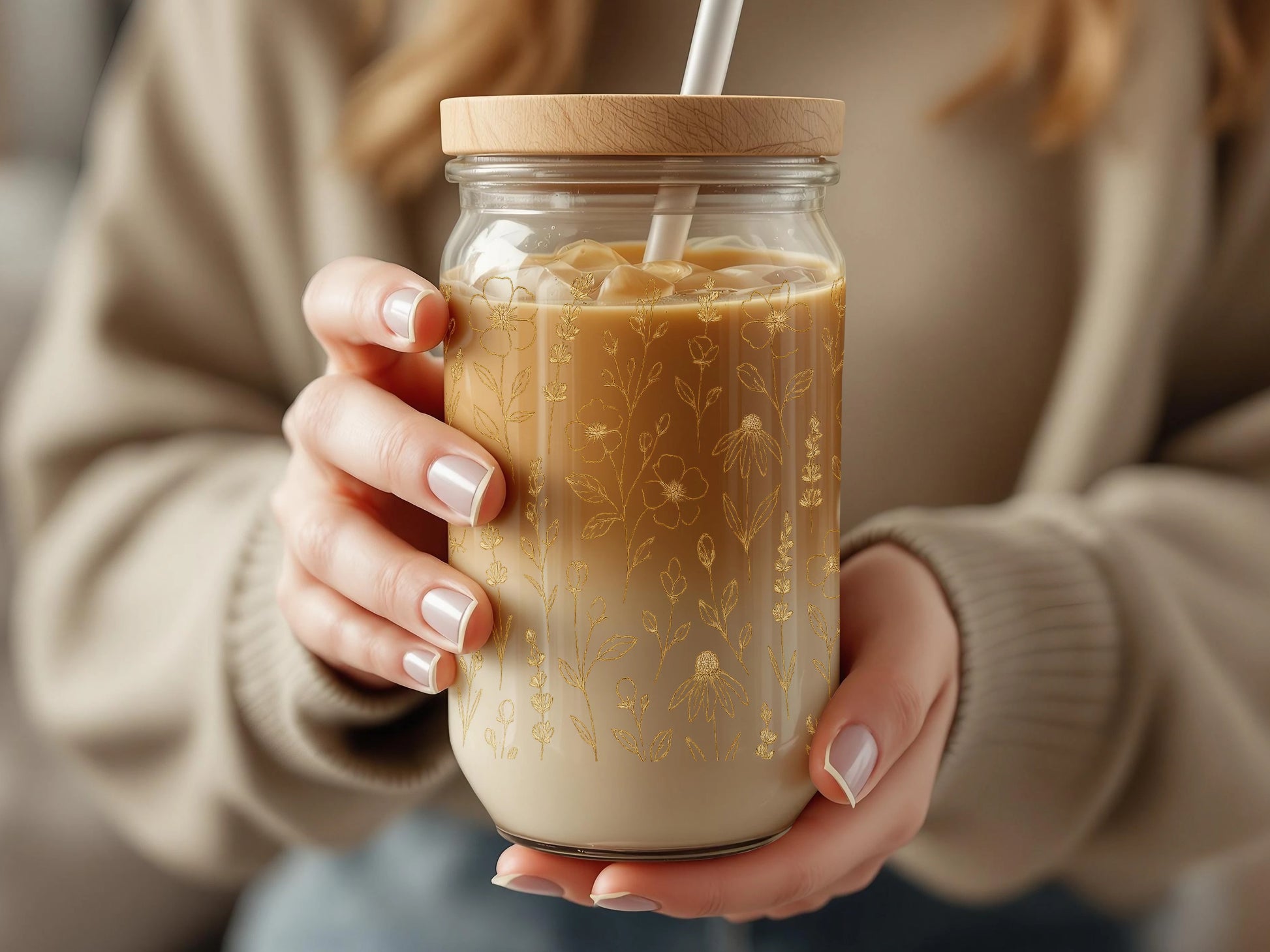 Reusable Glass Coffee Cup with Straw, Floral Print Insulated Travel Tumbler, Eco-Friendly Drinkware