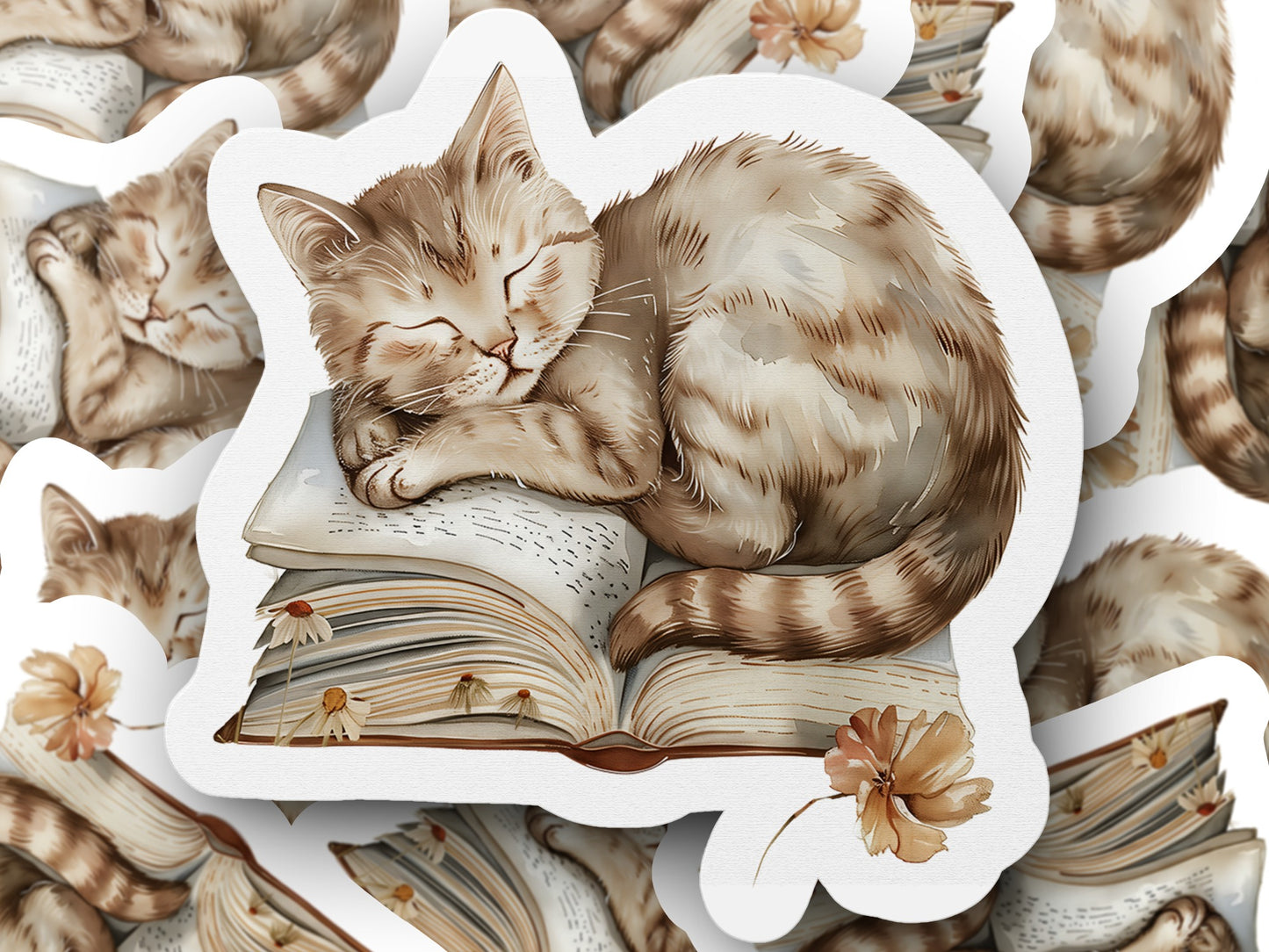 Sleeping Cat on Open Book with Flowers sticker product