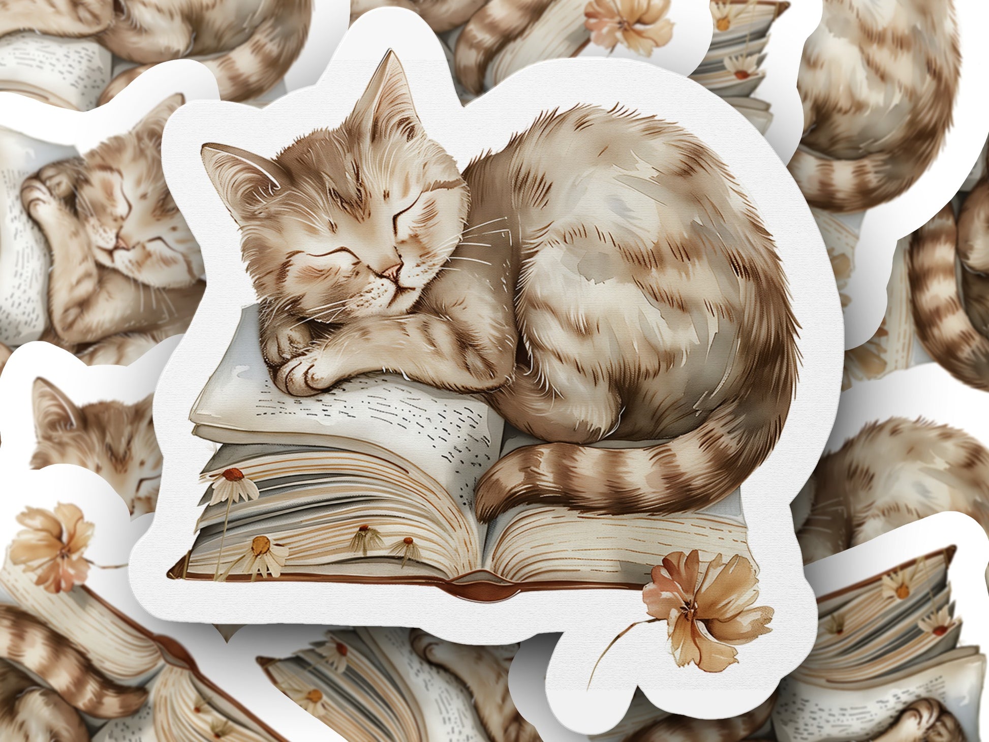Sleeping Cat on Open Book with Flowers sticker product
