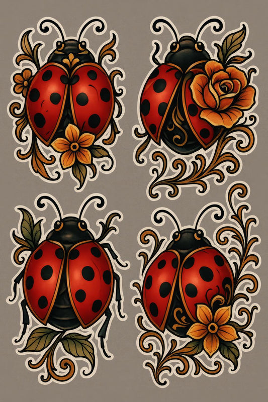 Vintage Ladybug and Floral Art Prints, Set of Four, Botanical Insect Illustrations, Home Decor Wall Art