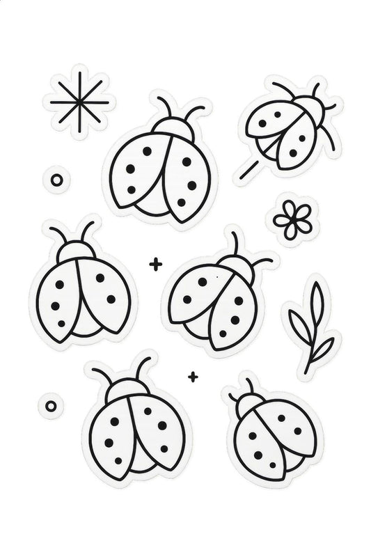 Cute Ladybug and Flower Stickers, Black and White Vinyl, Waterproof, Decorative Decal Set for Crafts and Scrapbooking