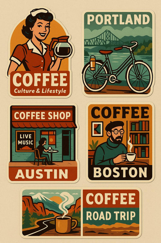 Vintage Coffee Culture Poster, Portland Austin Lifestyle Art, Bicycle Coffee Shop Decor, Unique Wall Hanging