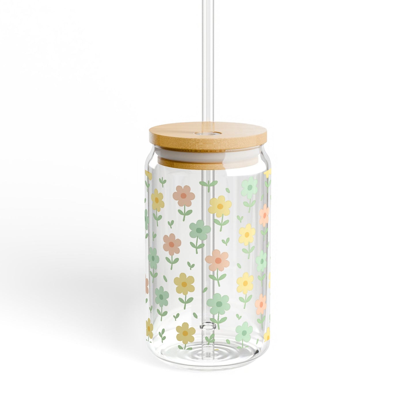 Floral Pattern Glass Jar with Bamboo Lid, Clear Kitchen Storage Container, Decorative Flower Design