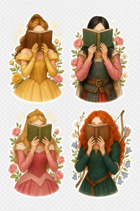 Fantasy Princess Art Prints, Set of Four, Book Lovers, Floral Background, Colorful Illustrations, Home Decor