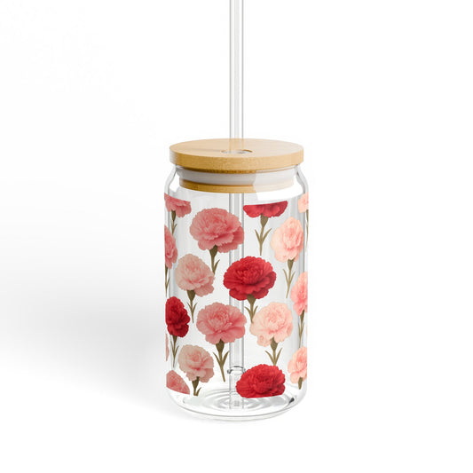Floral Glass Storage Jar with Bamboo Lid, Red Carnation Design, Kitchen Organization Essentials, Gift Idea