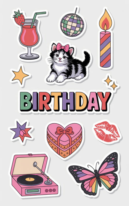 Birthday Sticker Pack, Cute Kitten, Disco Ball, Cocktail Drink, Butterfly, Vinyl Decals