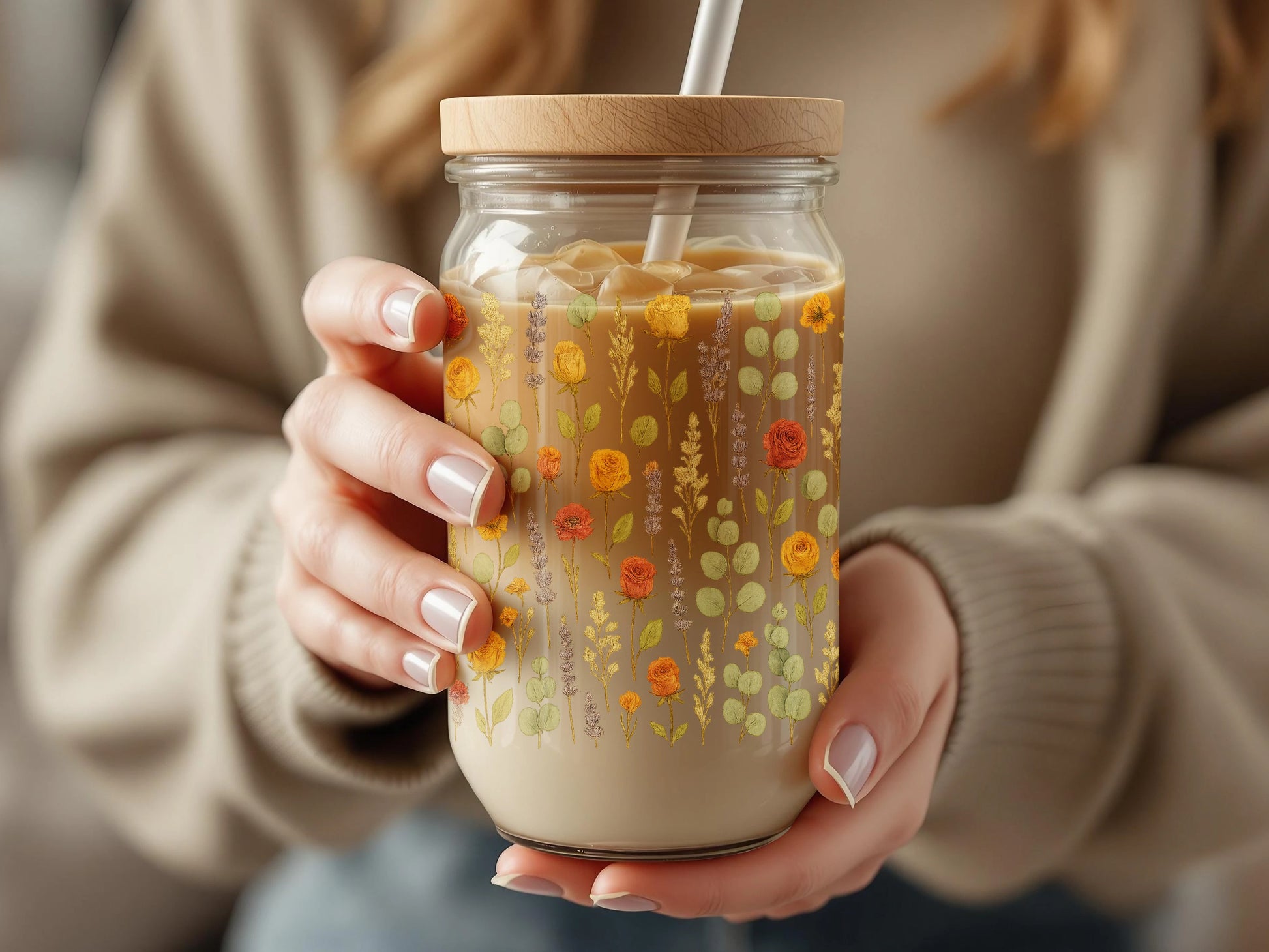 Floral Glass Mason Jar with Reusable Straw, Hand-Painted Autumn Design, Eco-Friendly Drinkware, Fall Season Sipping Jar
