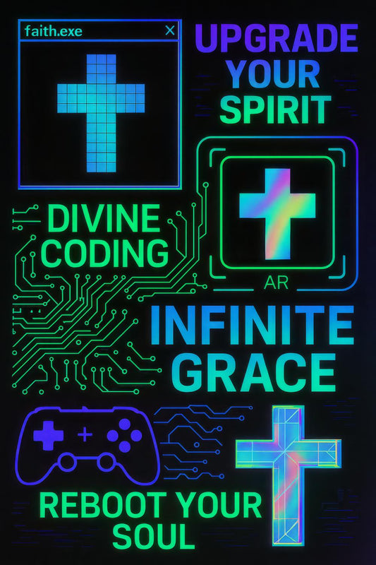 Neon Christian Cross Poster, Faith Tech Divine Coding, Upgrade Your Spirit Art