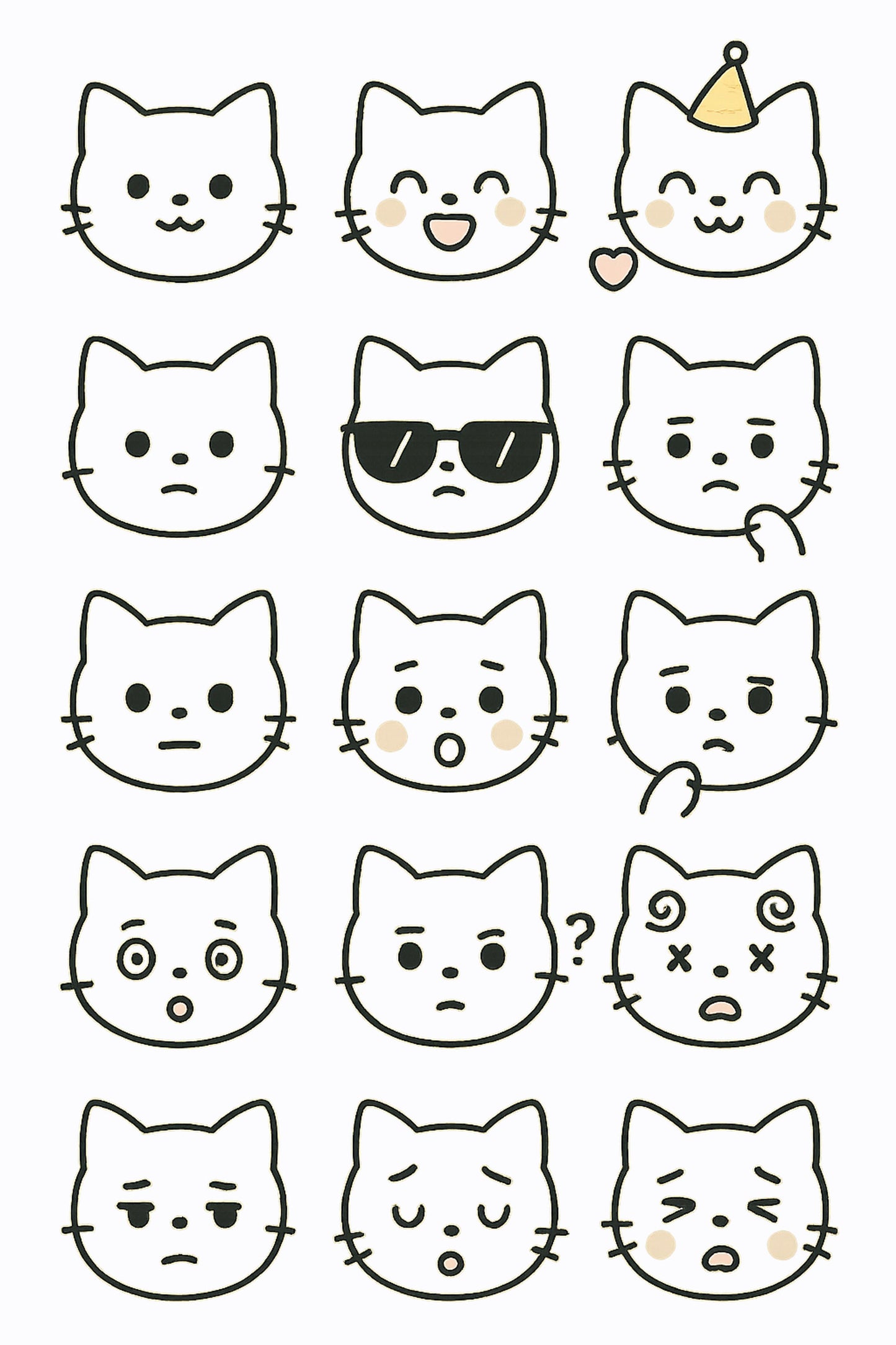 Cute Cat Faces Sticker Sheet, Decorative Kitten Emojis, Happy Birthday, Sunglasses, Heart, Quirky Gifts for Cat Lovers