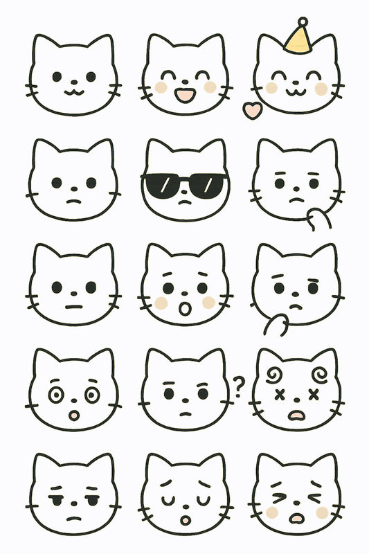 Cute Cat Faces Sticker Sheet, Decorative Kitten Emojis, Happy Birthday, Sunglasses, Heart, Quirky Gifts for Cat Lovers