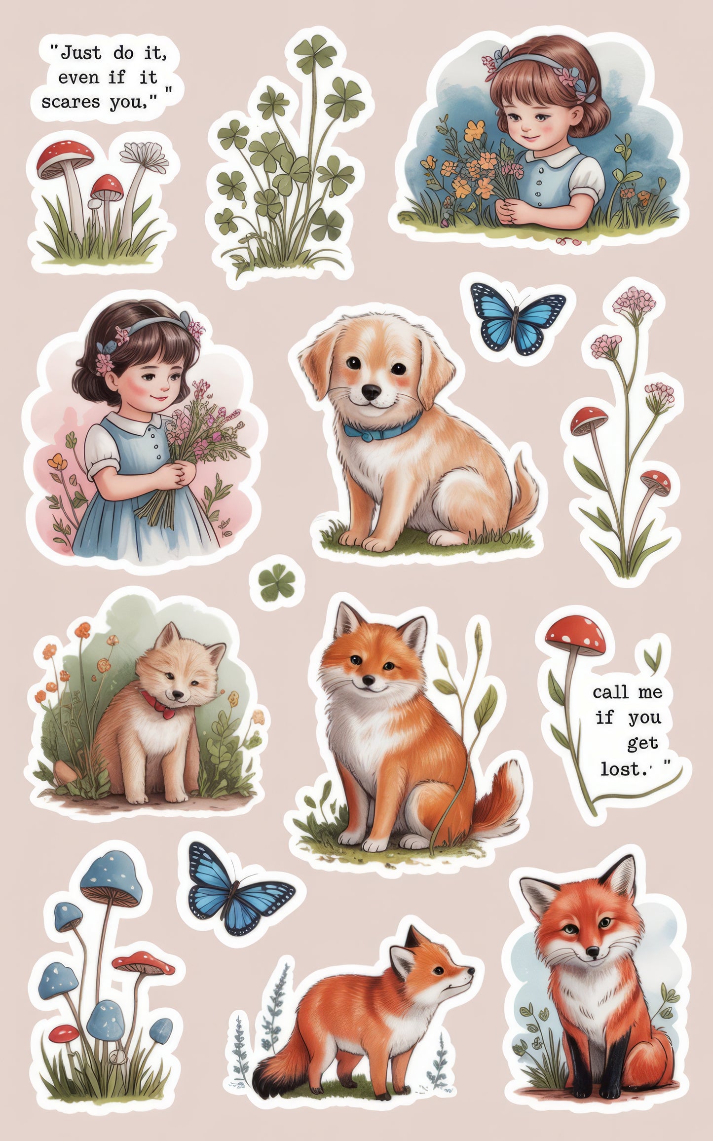 Vintage Style Animal and Floral Art Prints, Nature Inspired Decor, Set of Six Illustrations, Cute Foxes, Dogs, and Girls