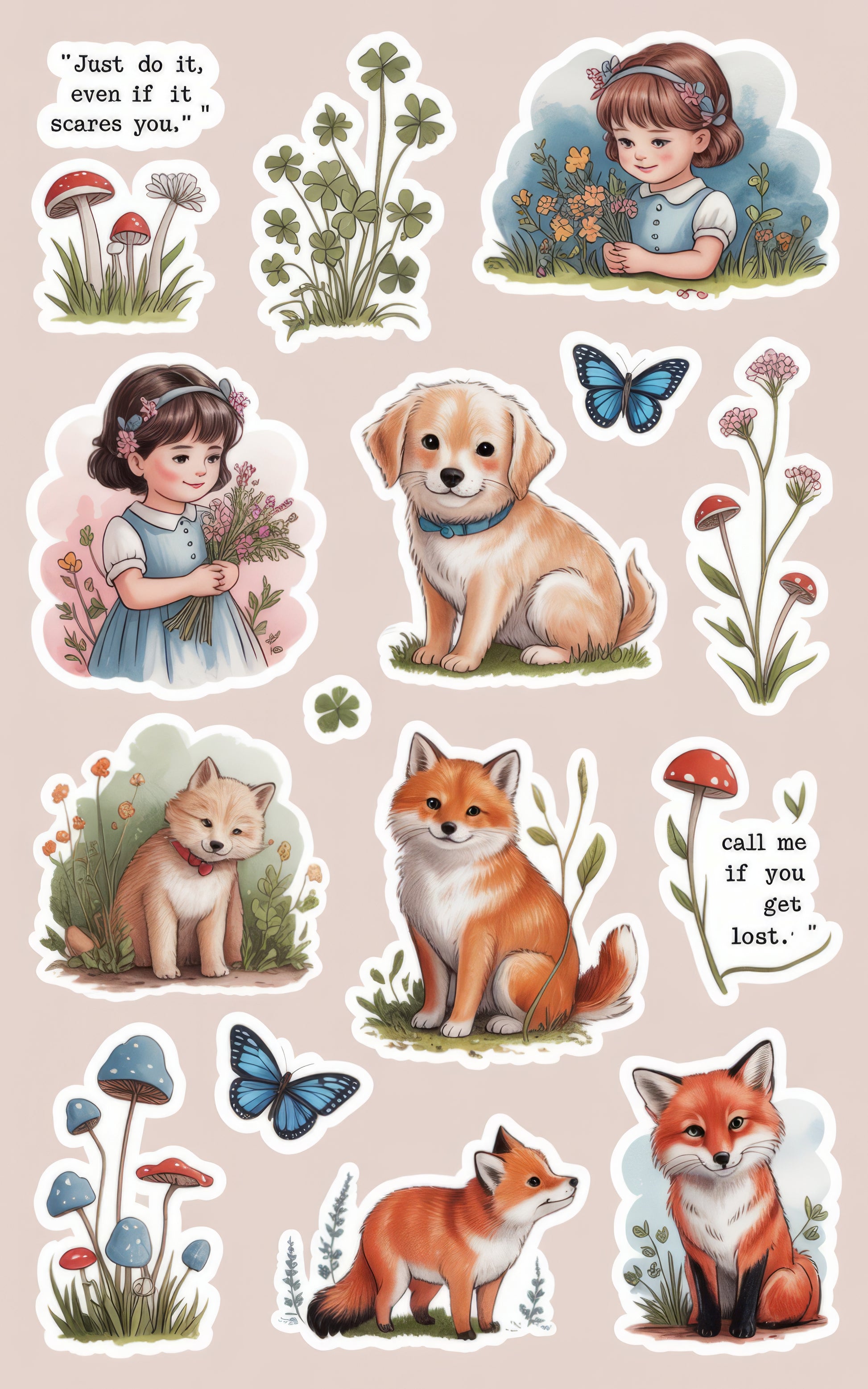 Vintage Style Animal and Floral Art Prints, Nature Inspired Decor, Set of Six Illustrations, Cute Foxes, Dogs, and Girls