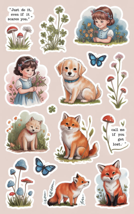 Vintage Style Animal and Floral Art Prints, Nature Inspired Decor, Set of Six Illustrations, Cute Foxes, Dogs, and Girls
