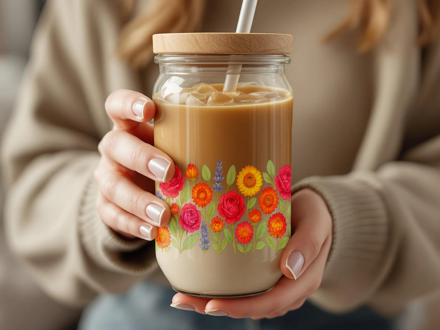 Floral Glass Mason Jar with Straw, Colorful Flower Print, Reusable Iced Coffee Cup, Gift Idea