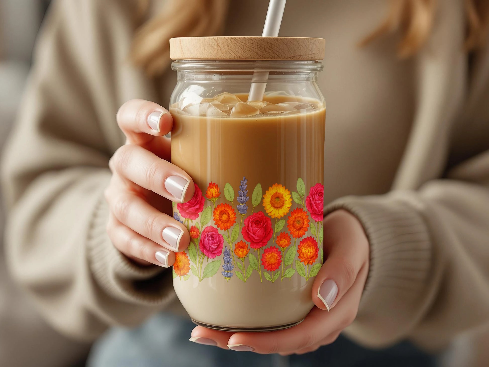 Floral Glass Mason Jar with Straw, Colorful Flower Print, Reusable Iced Coffee Cup, Gift Idea
