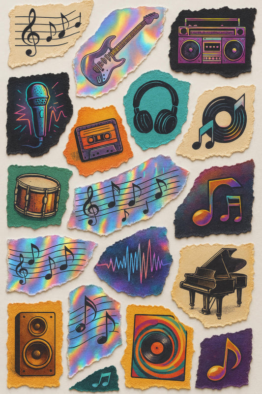 Vintage Music Stickers Set, Retro Guitar, Cassette, Vinyl Record, Piano, Headphones, Boombox Decals for Laptops and Journals