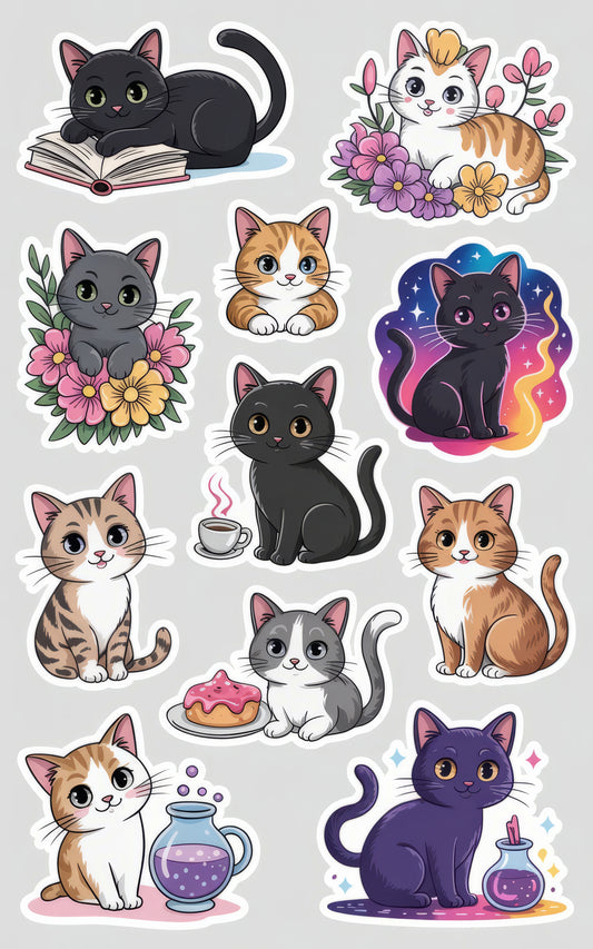 Cute Cat Stickers Set, Colorful Kitten Decals, Black, White, Orange Cats, Floral and Galaxy Designs, Perfect for Laptops and Journals