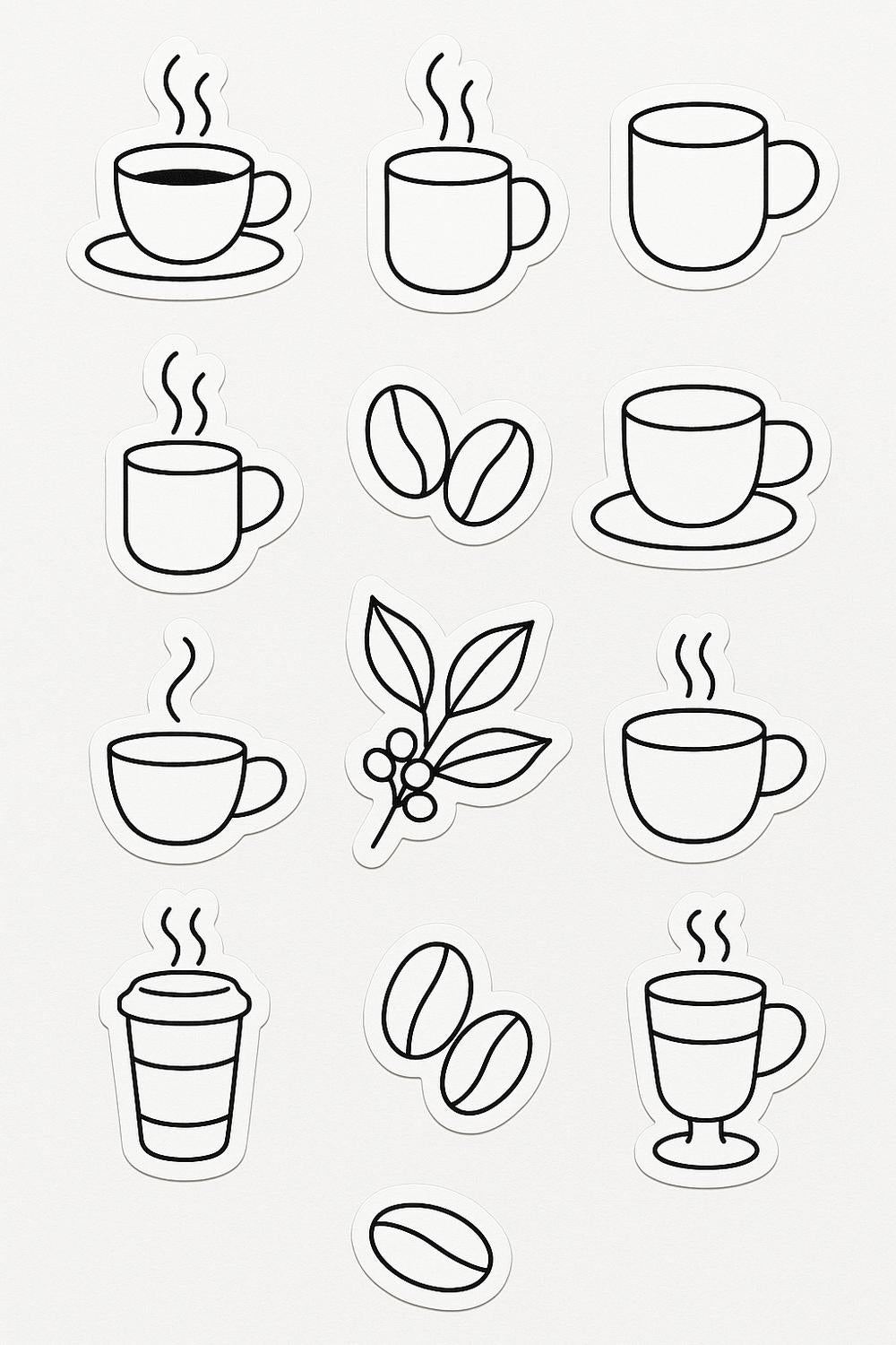Coffee Cup and Beans Stickers, Assorted Designs, Black and White, Planner and Scrapbook Accessories