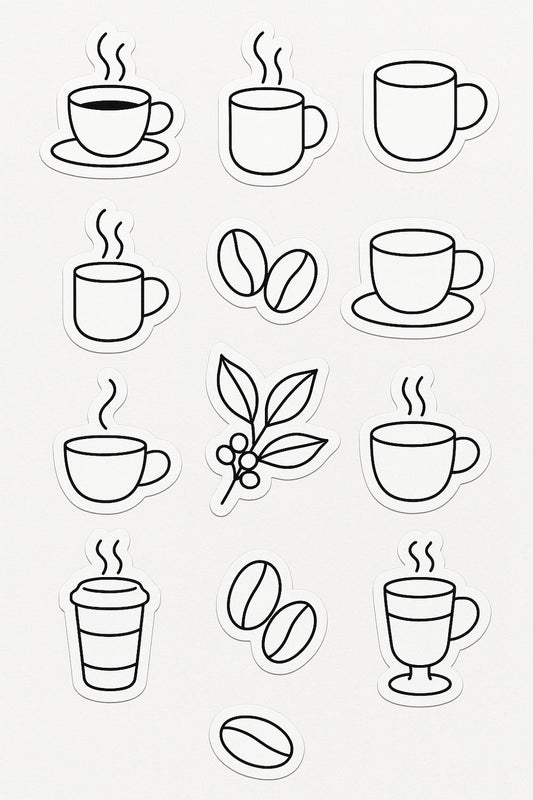 Coffee Cup and Beans Stickers, Assorted Designs, Black and White, Planner and Scrapbook Accessories