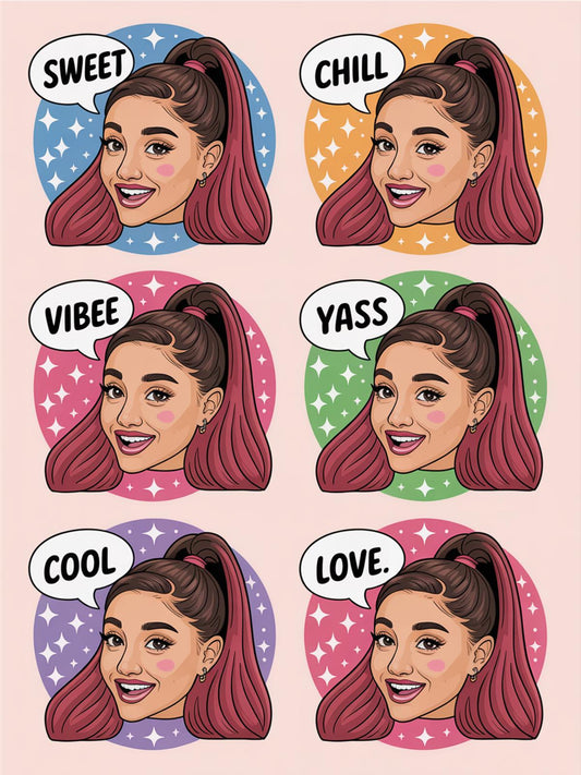 Ariana Grande Inspired Pop Art Stickers, Colorful Cartoon Vinyl Decals Set of Six, Music Pop Culture Decor, Fun Cute Wall Art