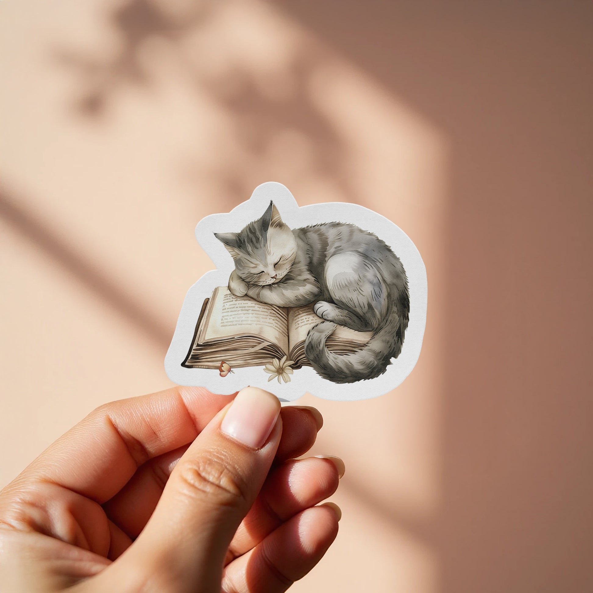 Adorable Cat Sleeping on Open Book Sticker product type