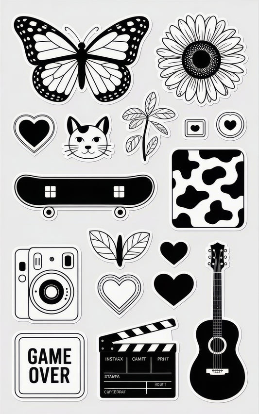 Black and White Sticker Pack, Butterfly, Sunflower, Cat, Camera, Guitar, Skateboard Decals